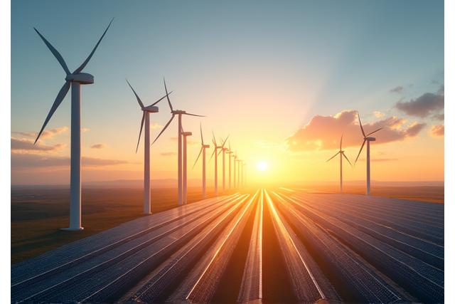 Panoramic view of a wind farm at sunrise with solar panels in the foreground, symbolizing renewable energy commitment.