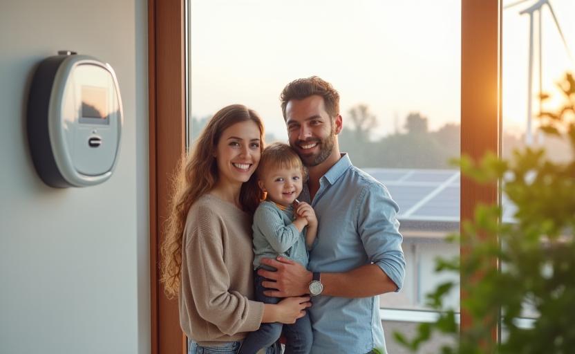 A modern home with a family smiling, subtle smart meter on the wall, and solar panels on the roof
