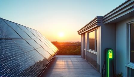 Solar panels on a roof and an electric car charging station