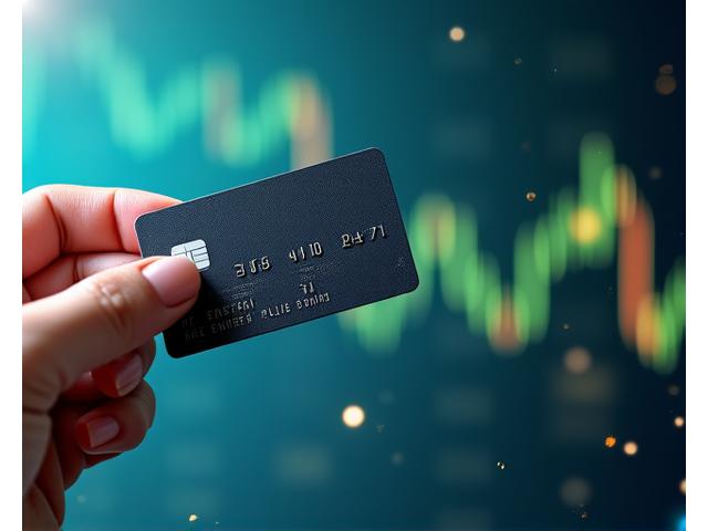 A hand holding a smart energy card against a backdrop of financial charts.
