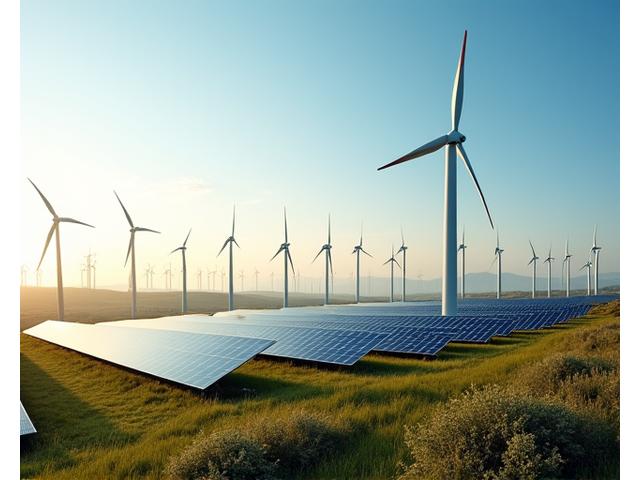 Wind turbines and solar panels against a clear sky, symbolizing renewable energy integration.