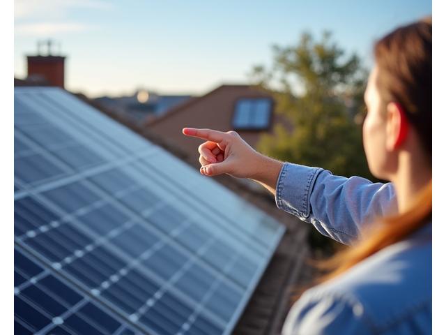 A hand pointing at a solar panel array on a rooftop during a consultation.